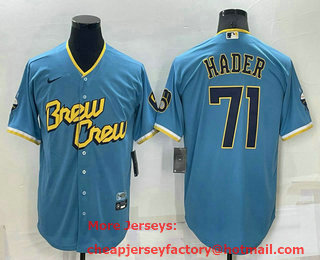 Men's Milwaukee Brewers #71 Josh Hader Blue 2022 City Connect Cool Base Stitched Jersey