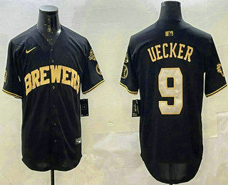 Men's Milwaukee Brewers #9 Bob Uecker Black Gold With Home Patch Limited Stitched Baseball Jersey