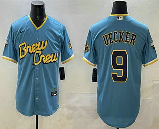 Men's Milwaukee Brewers #9 Bob Uecker Blue City Connect Cool Base Stitched Jersey