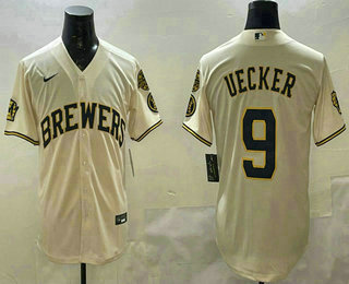 Men's Milwaukee Brewers #9 Bob Uecker Cream With Home Patch Limited Stitched Jersey
