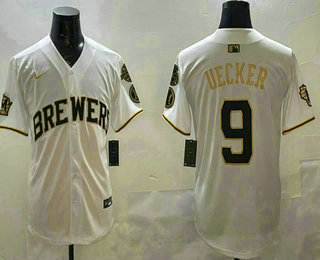 Men's Milwaukee Brewers #9 Bob Uecker White Gold With Home Patch Limited Stitched Jersey