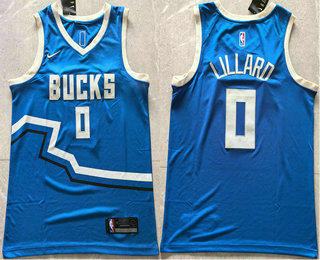 Men's Milwaukee Bucks #0 Damian Lillard Blue 2024 City Edition Stitched Jersey