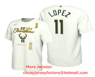 Men's Milwaukee Bucks #11 Brook Lopez 2021 White Finals Champions Locker Room T-Shirt