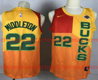 Men's Milwaukee Bucks #22 Khris Middleton New Yellow With Red Gold 2019 City Edition NBA Swingman Harley Davidson Jersey