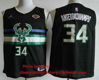Men's Milwaukee Bucks #34 Giannis Antetokounmpo Black 2021 Brand Jordan Swingman Stitched Jersey With Sponsor Logo
