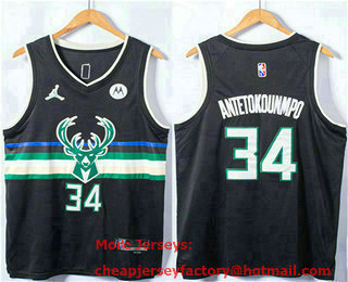 Men's Milwaukee Bucks #34 Giannis Antetokounmpo Black 75th Anniversary Diamond Jordan 2021 Stitched Jersey With Sponsor