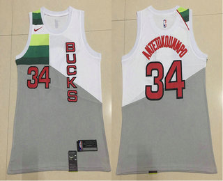 Men's Milwaukee Bucks #34 Giannis Antetokounmpo Grey With White Nike Swingman 2018 playoffs Earned Edition Stitched Jersey
