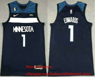 Men's Minnesota Timberwolves #1 Anthony Edwards Navy 6 Patch 2022 Statement Icon Sponsor Swingman Jersey