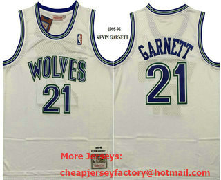 Men's Minnesota Timberwolves #21 Kevin Garnett 1995-96 White Hardwood Classics Soul Swingman Throwback Jersey