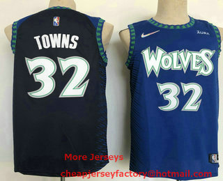 Men's Minnesota Timberwolves #32 Karl Anthony Towns Blue Black Diamond 2022 City Edition Swingman Stitched Jersey With Sponsor