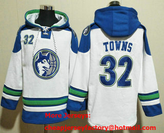 Men's Minnesota Timberwolves #32 Karl Anthony Towns White Lace Up Pullover Hoodie