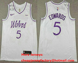 Men's Minnesota Timberwolves #5 Anthony Edwards White Purple Sponsor Swingman Jersey