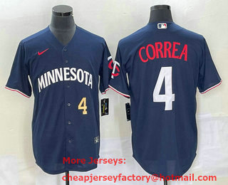 Men's Minnesota Twins #4 Carlos Correa Number 2023 Navy Blue Cool Base Stitched Jersey 01