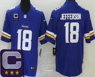 Men's Minnesota Vikings #18 Justin Jefferson Limited Purple 2025 Captain Patch Vapor Jersey