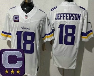 Men's Minnesota Vikings #18 Justin Jefferson Limited White 2025 Captain Patch FUSE Vapor Jersey