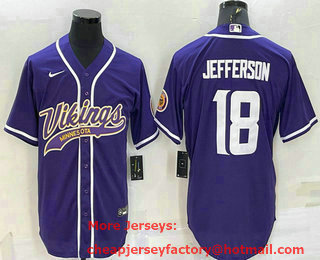 Men's Minnesota Vikings #18 Justin Jefferson Purple With Patch Cool Base Stitched Baseball Jersey