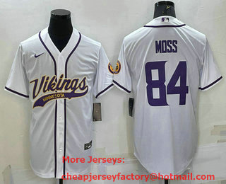 Men's Minnesota Vikings #84 Randy Moss White With Patch Cool Base Stitched Baseball Jersey