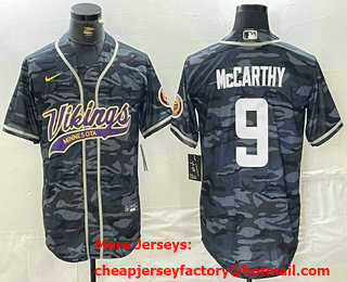 Men's Minnesota Vikings #9 JJ McCarthy Camo With Patch Cool Base Stitched Baseball Jersey
