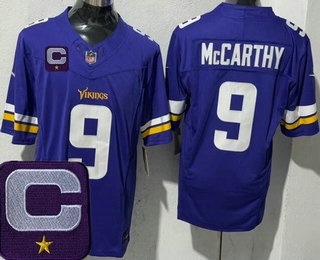 Men's Minnesota Vikings #9 JJ McCarthy Limited Purple 2025 Captain Patch FUSE Vapor Jersey