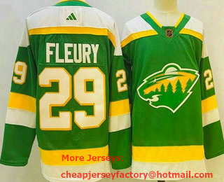 Men's Minnesota Wild #29 Marc Andre Fleury Green 2022 Reverse Retro Authentic Jersey