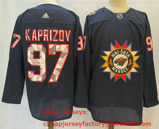 Men's Minnesota Wild #97 Kirill Kaprizov 2022 Navy Native American Heritage Day Stitched Jersey