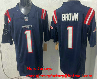 Men's New England Patriots #1 AJ Brown Limited Navy FUSE Vapor Jersey