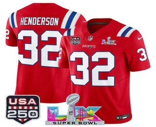 Men's New England Patriots #32 TreVeyon Henderson Red FUSE Super Bowl LX USA 250 Patch Vapor Limited Jersey