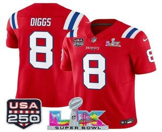 Men's New England Patriots #8 Stefon Diggs Red FUSE Super Bowl LX USA 250 Patch Vapor Limited Jersey