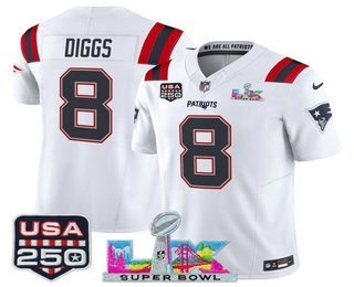 Men's New England Patriots #8 Stefon Diggs White FUSE Super Bowl LX USA 250 Patch Vapor Limited Jersey