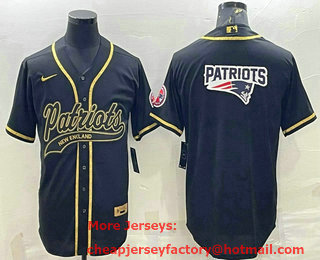Men's New England Patriots Black Gold Team Big Logo With Patch Cool Base Stitched Baseball Jersey