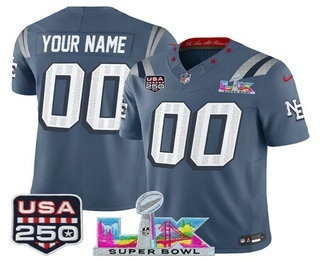 Men's New England Patriots Custom Blue FUSE Super Bowl LX USA 250 Patch Rivalries Vapor Limited Jersey