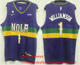 Men's New Orleans Pelicans #1 Zion Williamson 2023 Purple City Edition With 6 Patch Stitched Jersey With Sponsor