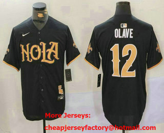 Men's New Orleans Saints #12 Chris Olave Black Cool Base Limited Stitched Baseball Jersey