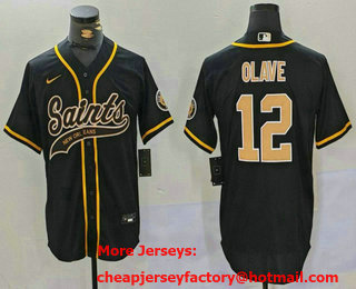 Men's New Orleans Saints #12 Chris Olave Black Cool Base Stitched Baseball Jersey