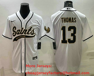 Men's New Orleans Saints #13 Michael Thomas White With Patch Cool Base Stitched Baseball Jersey
