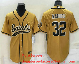Men's New Orleans Saints #32 Tyrann Mathieu Gold Stitched MLB Cool Base Nike Baseball Jersey