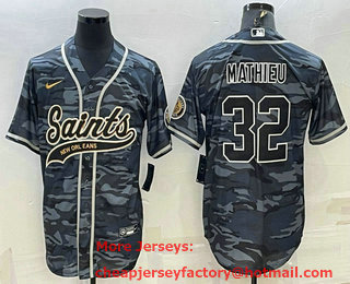 Men's New Orleans Saints #32 Tyrann Mathieu Grey Camo With Patch Cool Base Stitched Baseball Jersey
