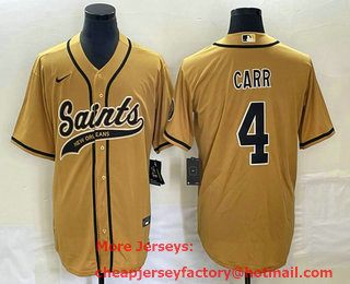 Men's New Orleans Saints #4 Derek Carr Gold With Patch Cool Base Stitched Baseball Jersey