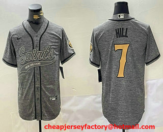 Men's New Orleans Saints #7 Taysom Hill Grey Gridiron With Patch Cool Base Stitched Baseball Jersey