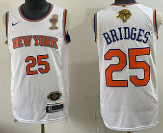 Men's New Yok Knicks #25 Mikal Bridges White 2026 Finals Champions Patch Statement Edition Stitched Jersey