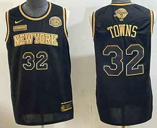 Men's New Yok Knicks #32 Karl-Anthony Towns Black Gold 2026 Finals Eastern Conference Champions Patch Stitched Jersey 1