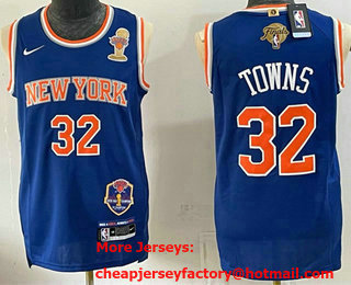 Men's New Yok Knicks #32 Karl-Anthony Towns Blue 2026 Finals Champions Patch Icon Edition Stitched Jersey