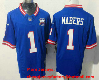 Men's New York Giants #1 Malik Nabers Limited Blue 100 Seasons FUSE Vapor Jersey