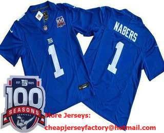 Men's New York Giants #1 Malik Nabers Limited Blue FUSE 100 Seasons Vapor Jersey