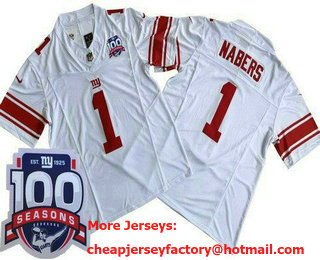 Men's New York Giants #1 Malik Nabers Limited White FUSE 100 Seasons Vapor Jersey