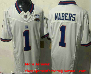Men's New York Giants #1 Malik Nabers Limited White Throwback 100 Seasons FUSE Vapor Jersey