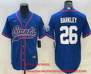 Men's New York Giants #26 Saquon Barkley Blue With Patch Cool Base Stitched Baseball Jersey