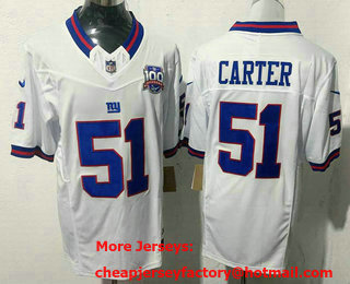 Men's New York Giants #51 Abdul Carter Limited White Throwback 100 Seasons FUSE Vapor Jersey