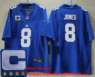 Men's New York Giants #8 Daniel Jones Limited Blue 2023 Captian Patch FUSE Vapor Jersey