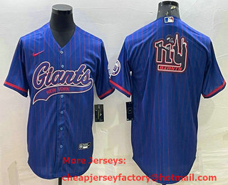 Men's New York Giants Blue Team Big Logo With Patch Cool Base Stitched Baseball Jersey